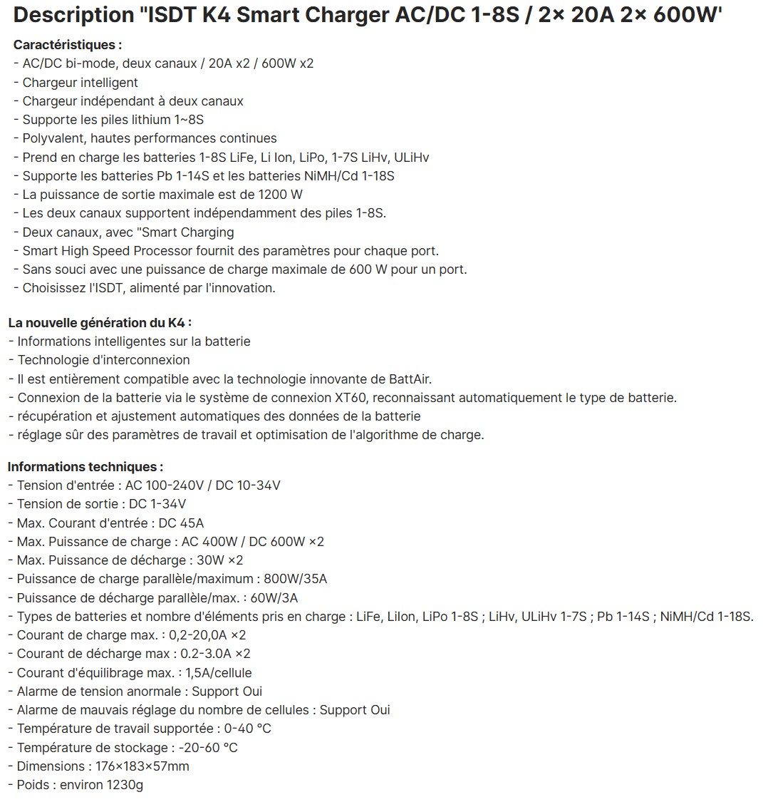 descriptif Chargeur ISDT K4